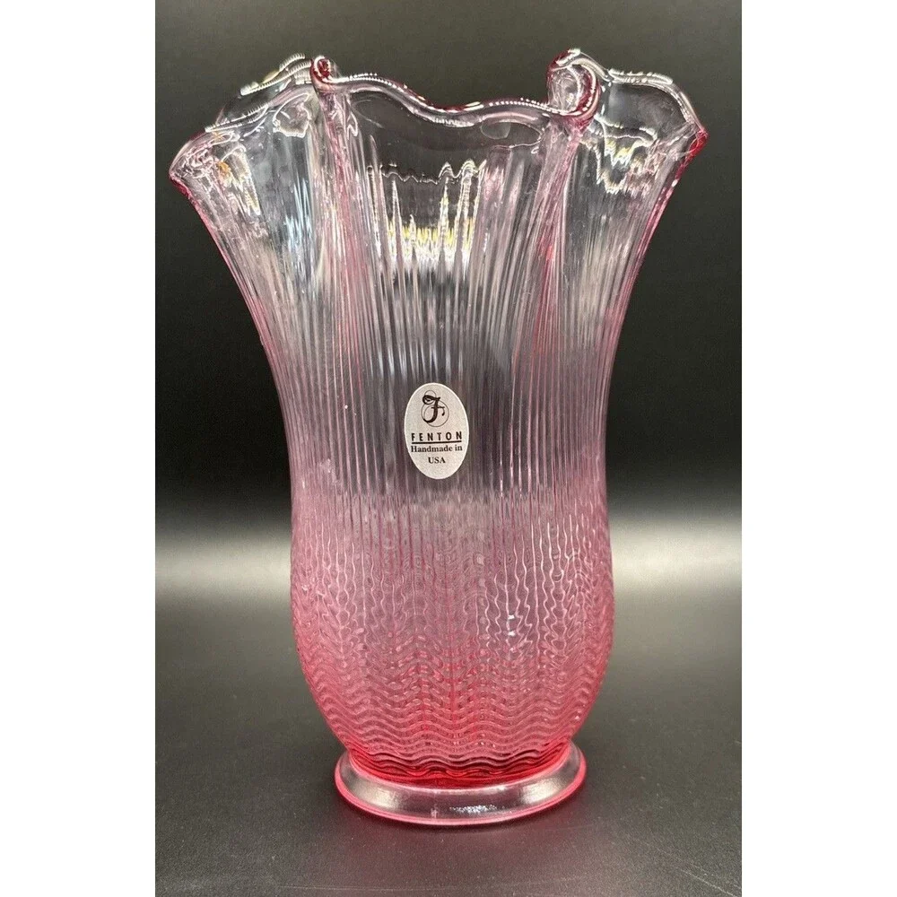 Vintage Fenton Art Glass Swung Vase Purple Pink Cranberry W/ Sticker~6”